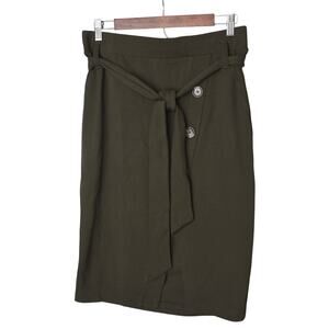 Women's Green One 5 One Midi Skirt With Buttons Belt And Slit - M